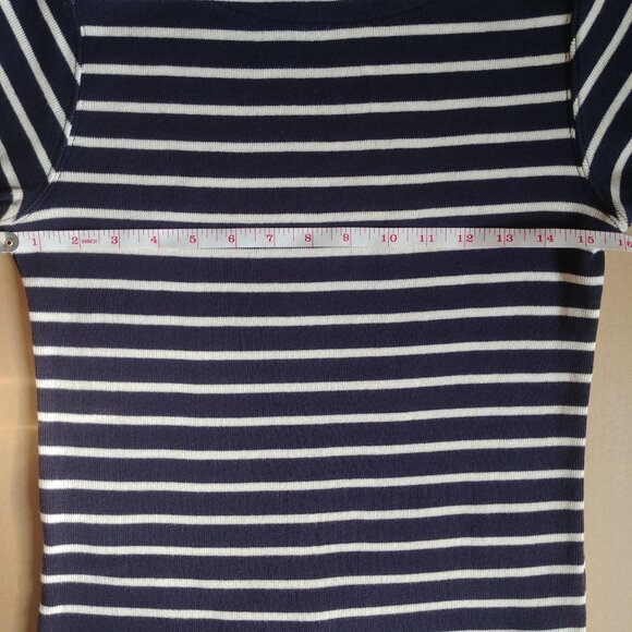 LL Bean navy blue white striped top elbow sleeves size XS Petite - Picture 8 of 8